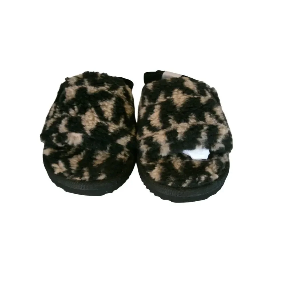 Michael Kors Juniper Faux Sherpa Slipper Slides Black Camel Women's 6M